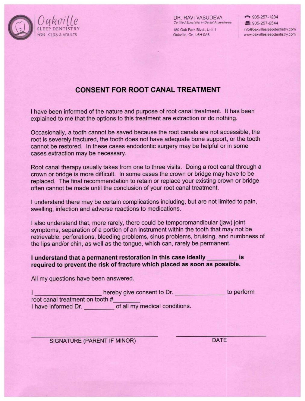 Consent For Root Canal Treatment Form